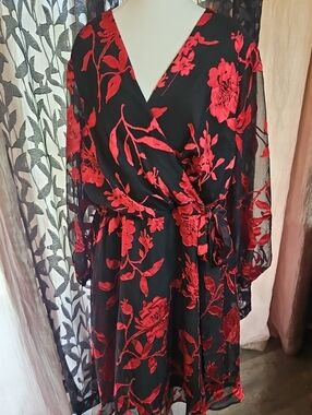 Lane Bryant Black Dress with Red Floral Appliqués